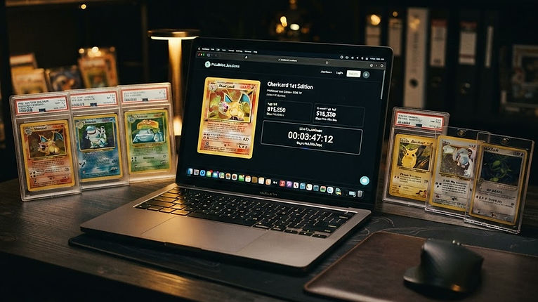 A laptop showing an online Pokémon card auction with a bid countdown, next to graded slabs and raw cards in toploaders