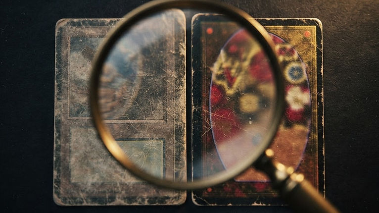 Two Pokémon cards side by side under a magnifying glass on a dark table, one genuine and one counterfeit