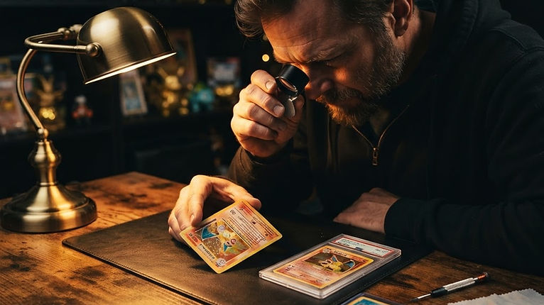 A collector inspecting a holo Pokémon card under a lamp with a magnifier, next to a graded slab and a stack of raw cards in penny sleeves