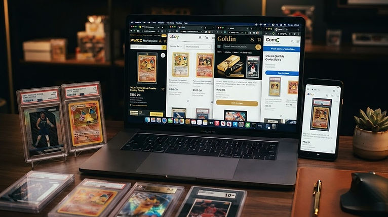 A collector comparing several card marketplace websites on a laptop and phone, with raw cards in toploaders and graded slabs on the desk