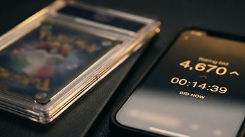 Graded trading card slab next to a phone showing a countdown timer and a rising bid on a dark table
