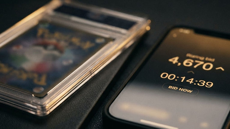Graded trading card slab next to a phone showing a countdown timer and a rising bid on a dark table