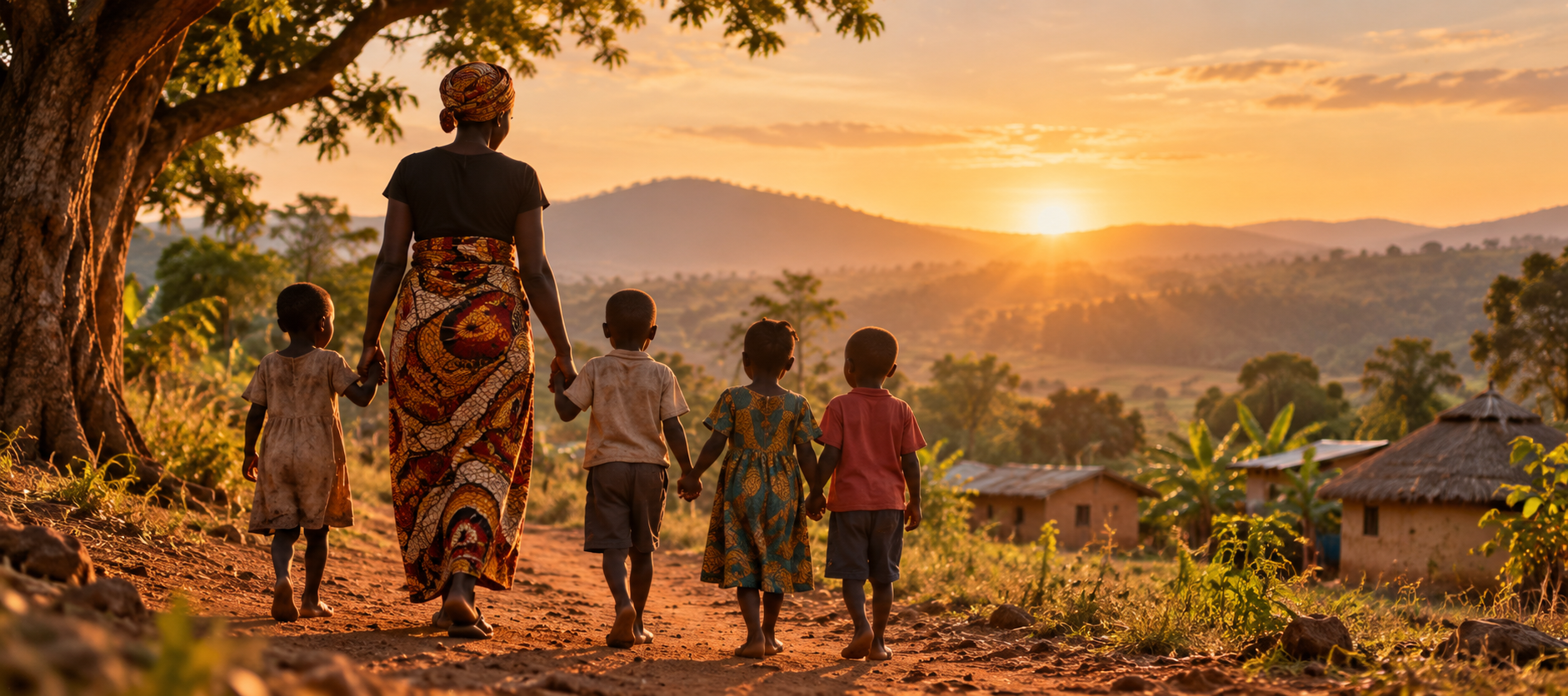 A mother and four children walking together at golden hour