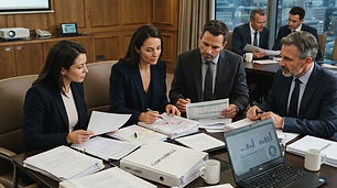 Business professionals reviewing contracts and technical documents in a boardroom