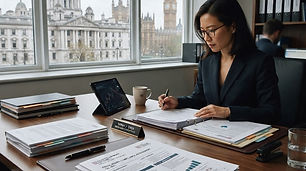 Regulatory compliance documents on a desk with a financial building visible through the window