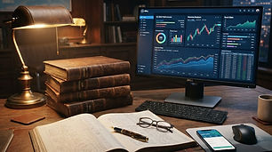 Classic accounting ledger books alongside modern digital screens showing financial data
