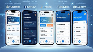 Multiple smartphone screens showing different branded remittance apps in a row