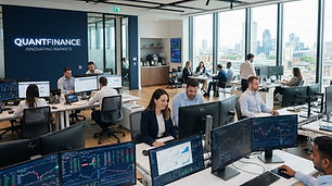 Modern fintech office with financial dashboards and analytics on multiple monitors