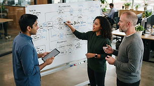 Engineers discussing system architecture at a whiteboard in a modern office