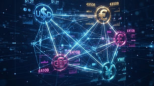 Digital visualization of multi-currency ledger with currency symbols connected by data lines