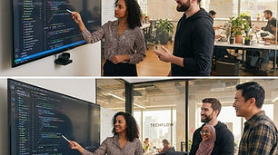 Software development team reviewing source code together in a modern office