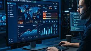 Cybersecurity dashboard showing security metrics and threat indicators on a dark screen