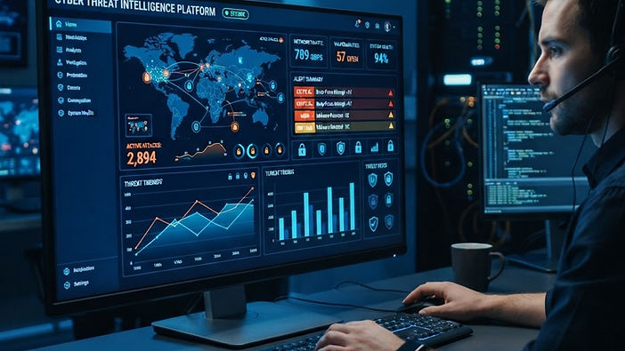 Cybersecurity dashboard showing security metrics and threat indicators on a dark screen