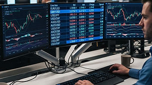 Financial trading screen with currency exchange rates and FX charts