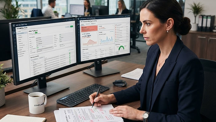 Compliance officer reviewing KYC and AML screening interfaces on office monitors