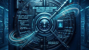 Secure vault door with digital code visualization representing source code escrow