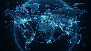 World map visualization showing global payment network connections between continents