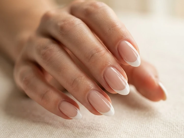 Close-up of a finished manicure: soft almond nails with a glossy nude gel finish and crisp French tips