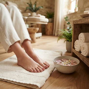 Pedicure with soft rose polish and warm towels