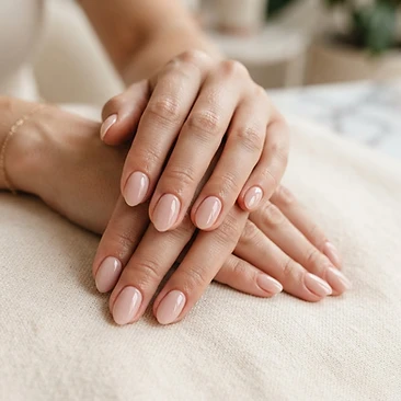 Soft blush gel manicure on short almond nails