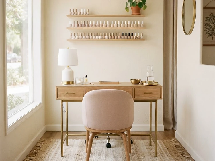 Inside the Nail Bar studio with a manicure table, blush chair and warm ivory walls