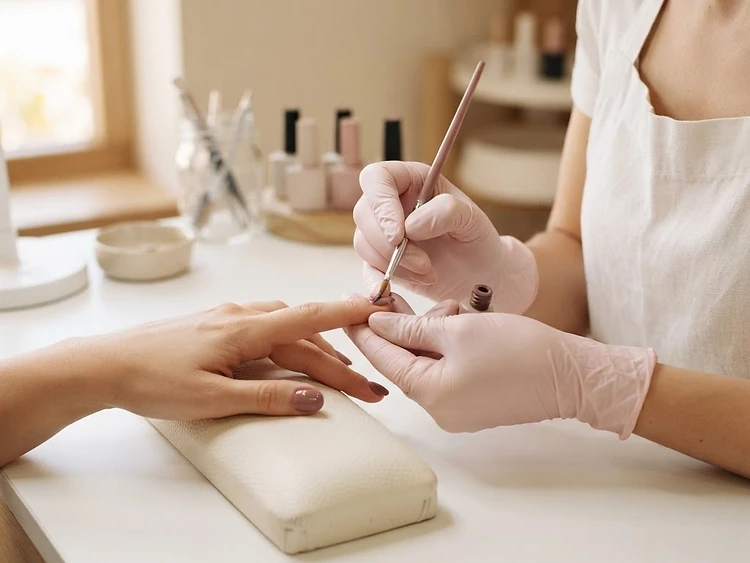 A nail technician applying gel polish to a client's nails with a fine brush