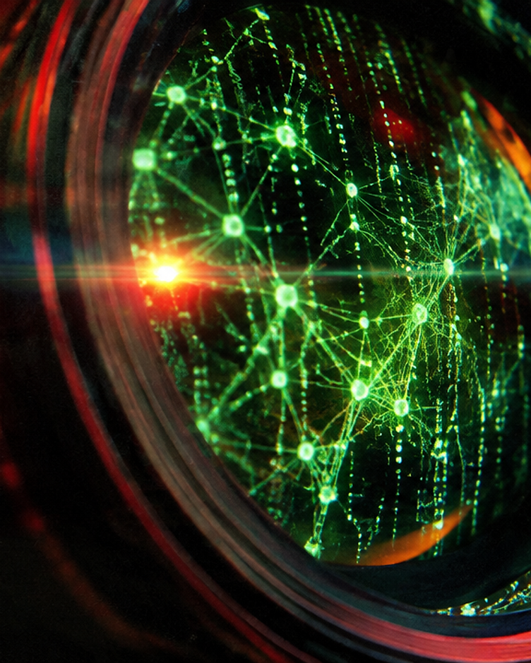 AI neural network reflecting off a camera lens