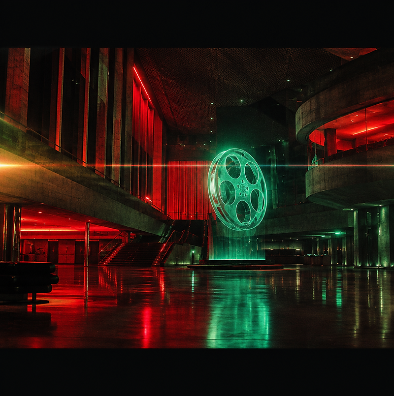 Futuristic Berlin cinema at night bathed in neon