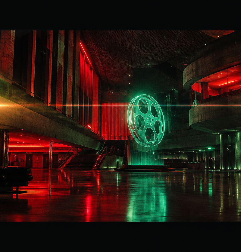 Futuristic waterfront cinema at night bathed in neon
