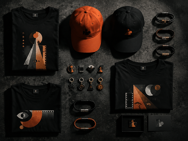 Festival merchandise flat lay on dark concrete