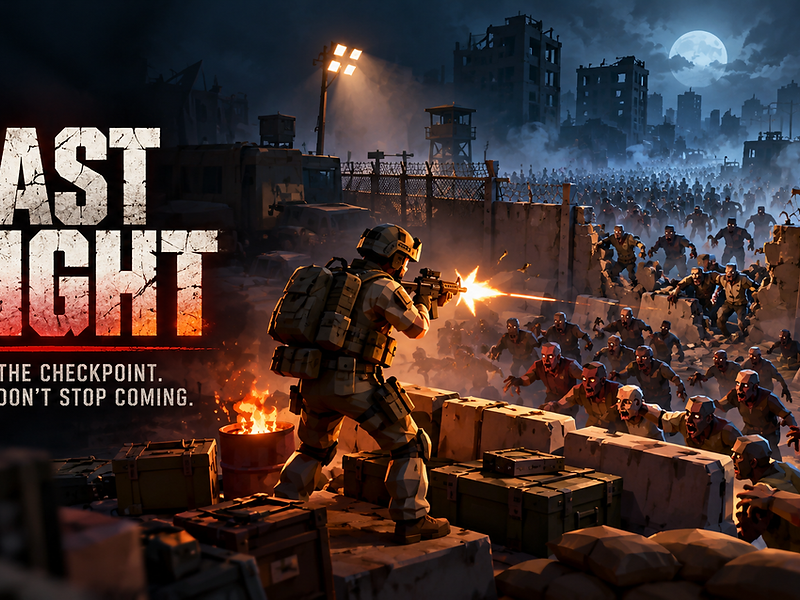 A soldier holding a desert checkpoint against a massive zombie horde under a full moon for Last Light.