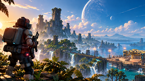 An armoured commando overlooking a tropical alien outpost for Omega Protocol: Extraction.