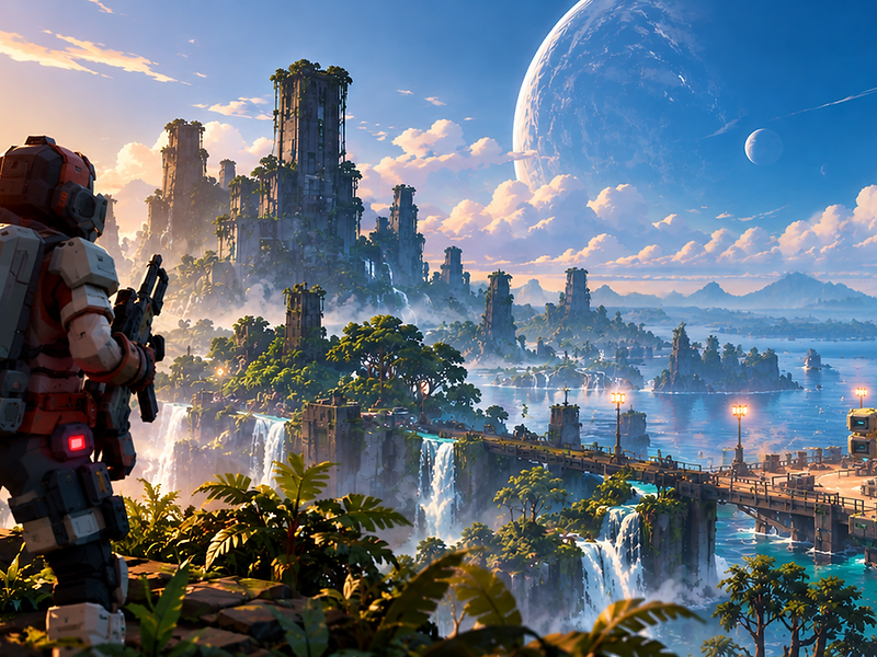 An armoured commando overlooking a tropical alien outpost for Omega Protocol: Extraction.