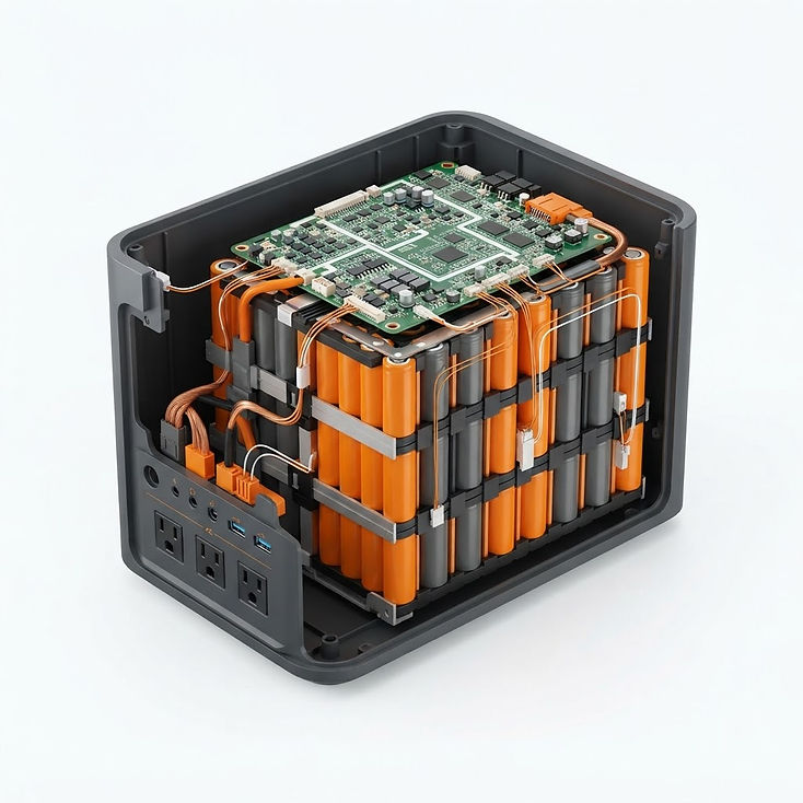 Cutaway view of an Enginstar power station showing lithium battery cells and circuitry