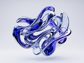 Formas abstractas de cromo líquido y vidrio azul flotando sobre un fondo claro