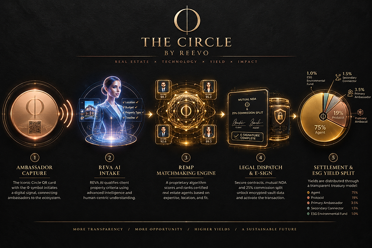 The Circle by REEVO ecosystem: ambassador QR capture, REVA AI intake, the REMP matchmaking engine, legal dispatch and e-signature, and the settlement and ESG yield split.