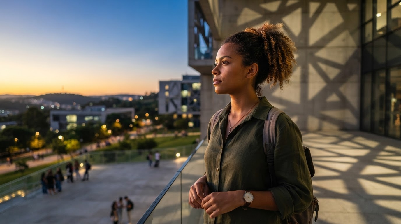 Estudante no campus da Uniube em Barbacena ao entardecer