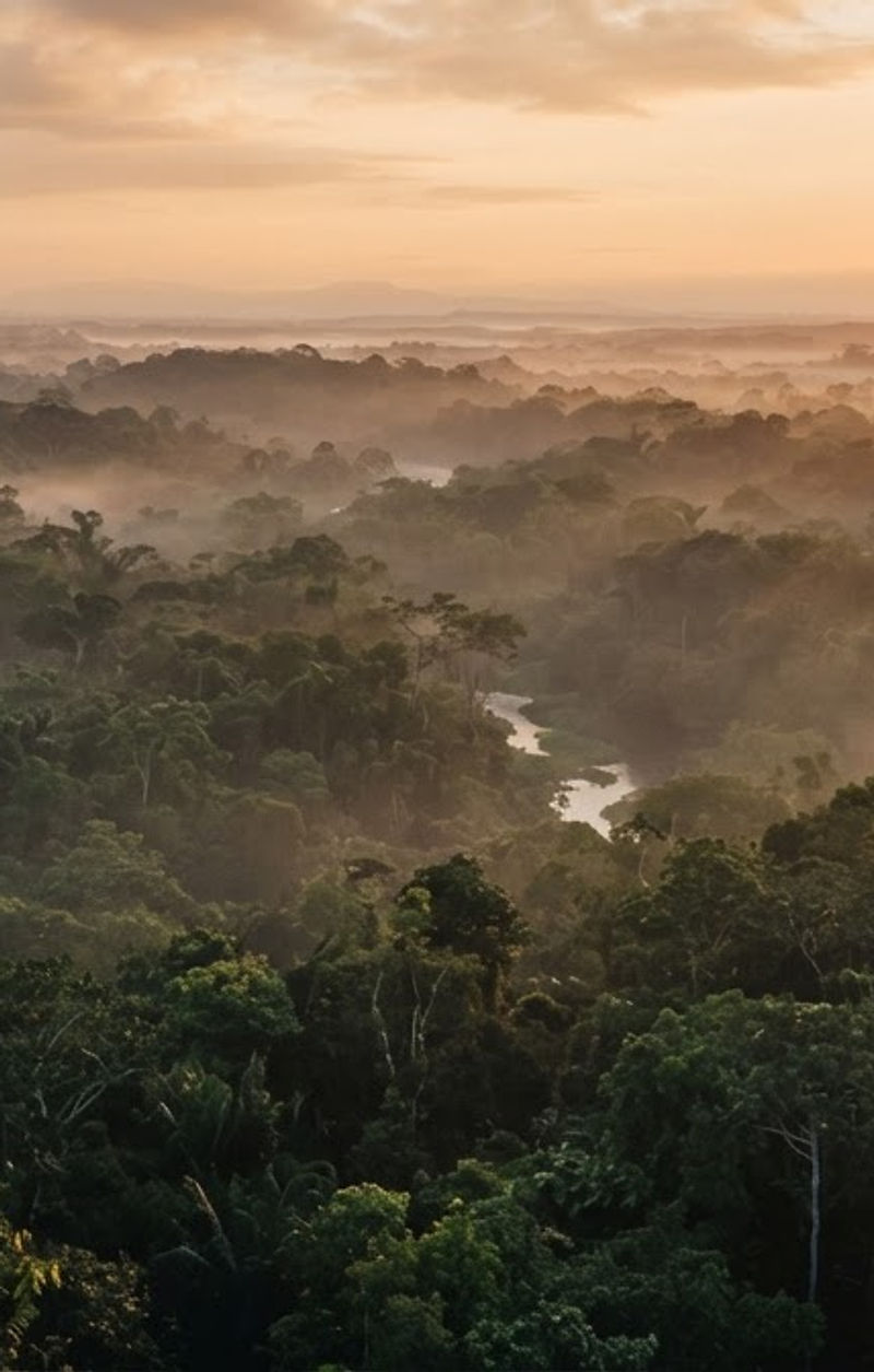 Fly view of a misty jungle canopy at golden hour