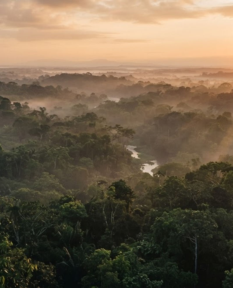 Fly view of a misty jungle canopy at golden hour