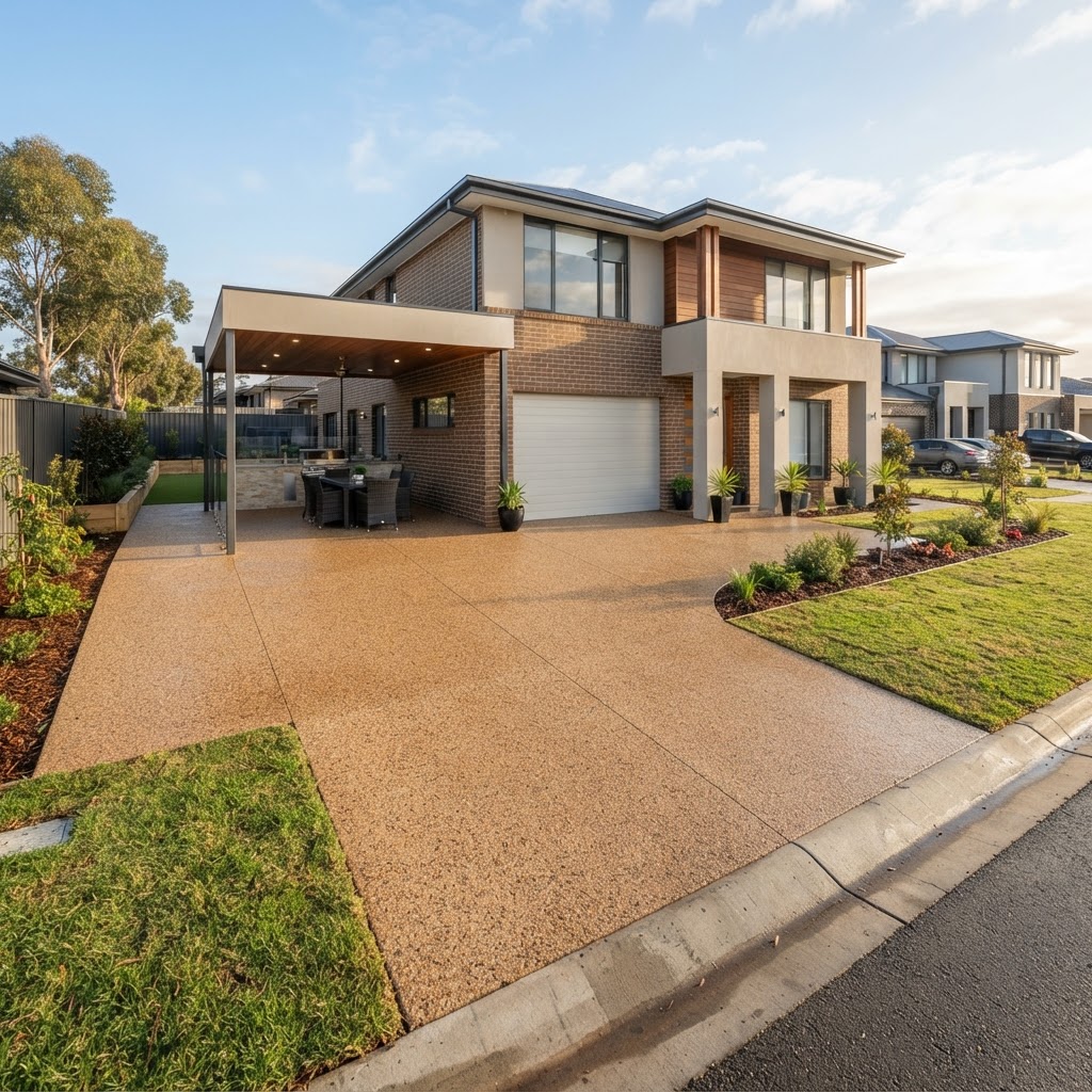 Exposed aggregate alfresco and driveway package, Keysborough South 70m²