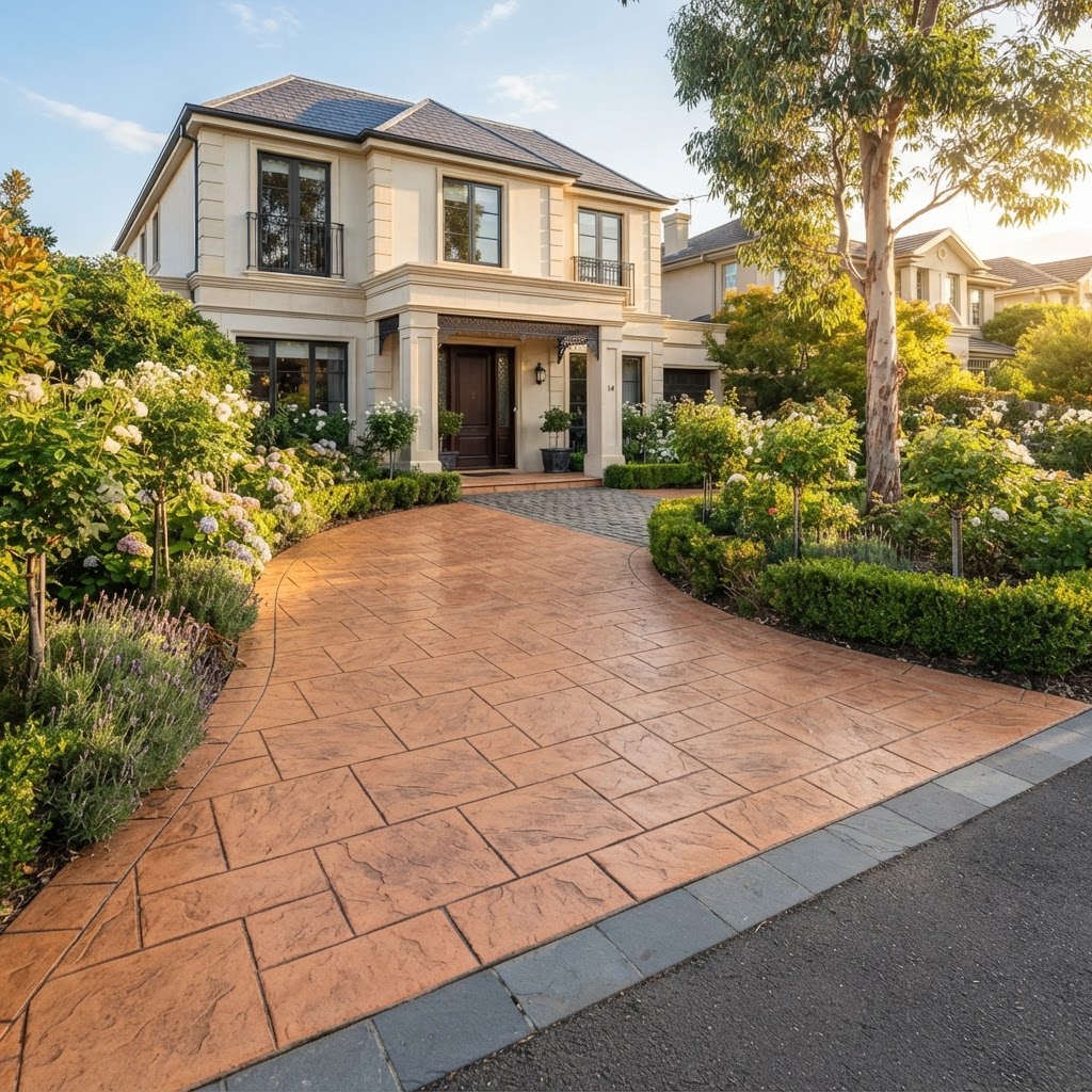coloured stamped concrete driveway in Brighton VIC