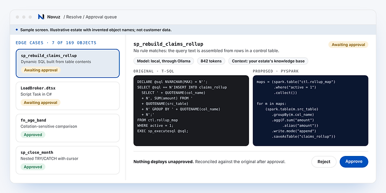 A sample approval queue: each edge case with its original and proposed code side by side, awaiting engineer approval. Sample screen; illustrative estate with invented object names, not customer data.