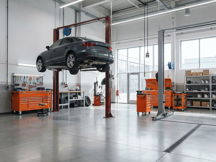 Torque Auto Works workshop interior with service bays and a car on a lift