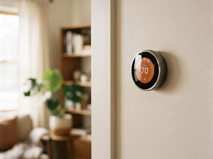 Smart thermostat on a wall in a bright living room