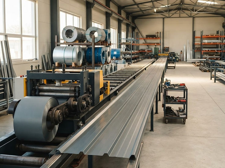 Metal roofing workshop with a roll-forming machine producing standing seam panels
