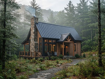 Cabin in a pine forest clearing with a dark standing seam metal roof