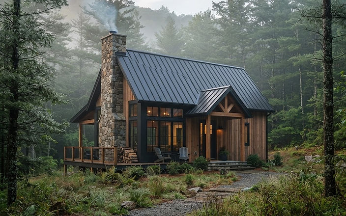 Cabin in a pine forest clearing with a dark standing seam metal roof