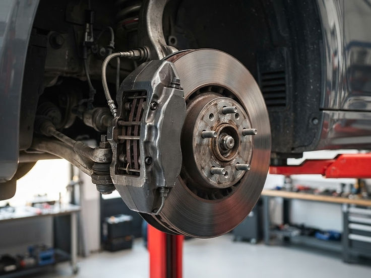 Brake disc and caliper on a car raised on a workshop hoist