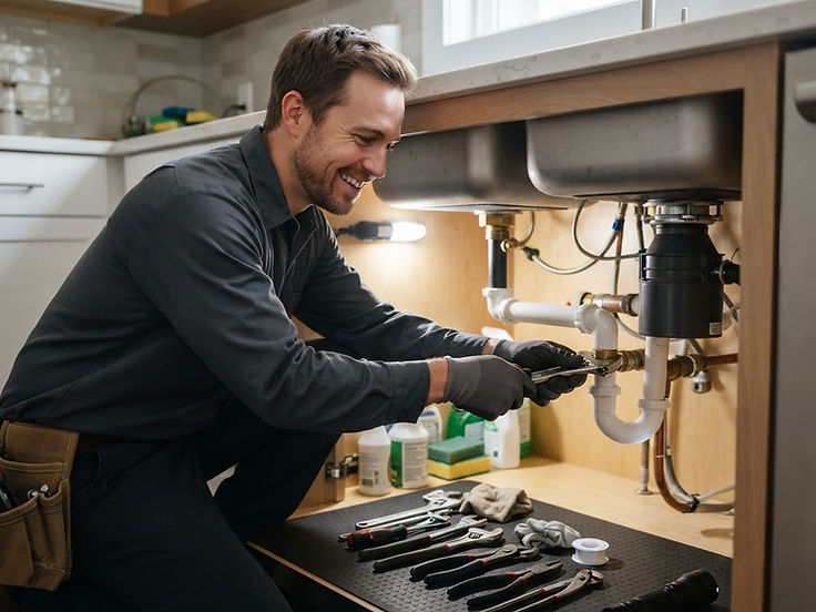 Technician repairing pipes under a kitchen sink