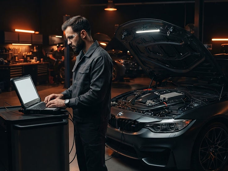 Technician running a diagnostic scan tool beside a car with the hood open